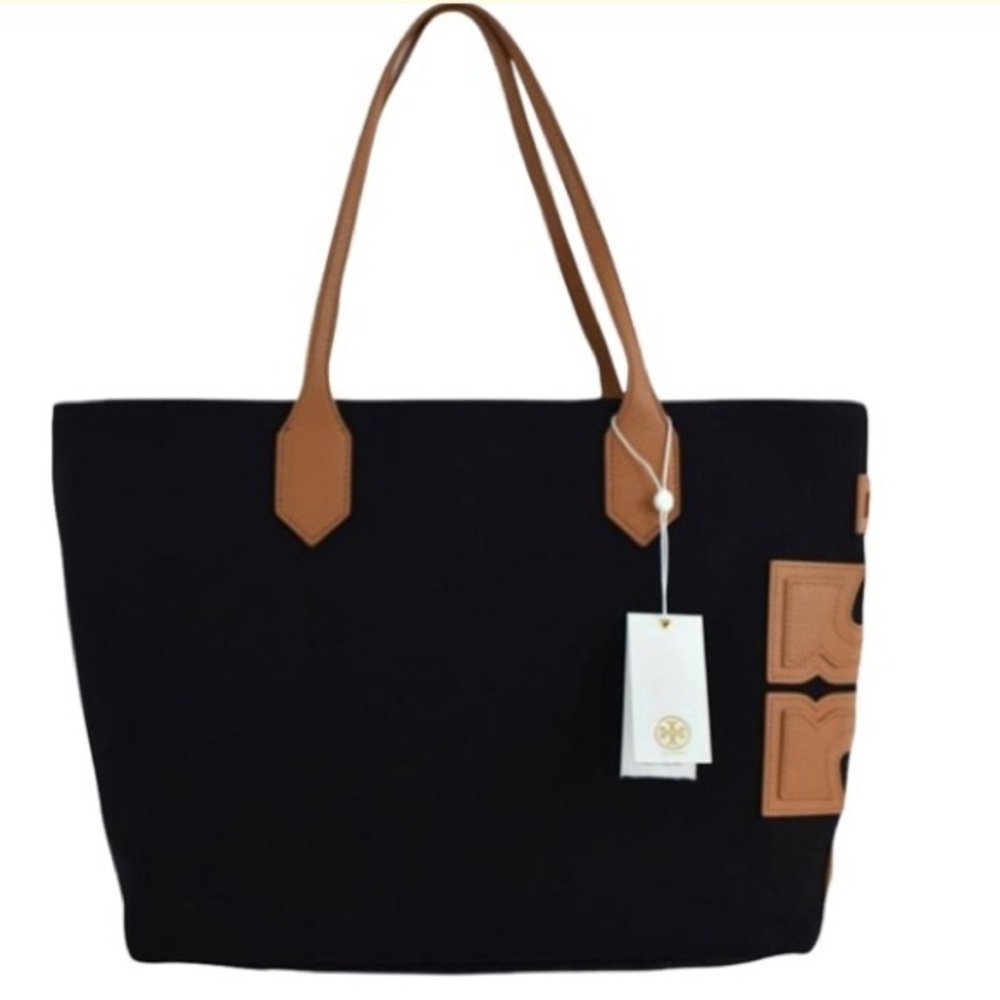 Tory Burch navy canvas stacked T tote